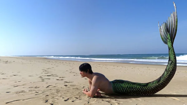 Render Merman Está Deitado Praia Tomando Banho Sol — Fotografia de Stock