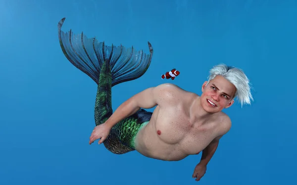 Render Een Meerman Schepsel Zwemt Onder Zee Met Een Clownvis — Stockfoto
