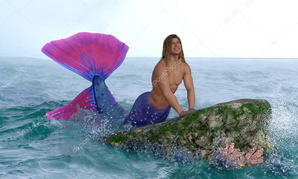 3D Render : A merman is leaning against the small rock decorate with small coral isolated on the ocean and look ahead