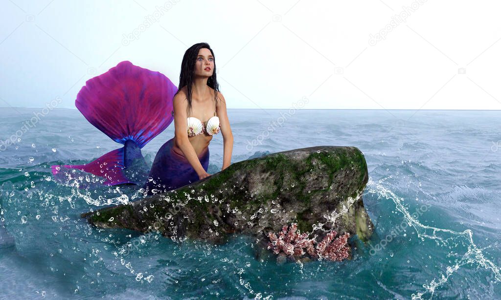 3D Render : A mermaid is leaning against the small rock decorate with small coral isolated on the ocean and look ahead