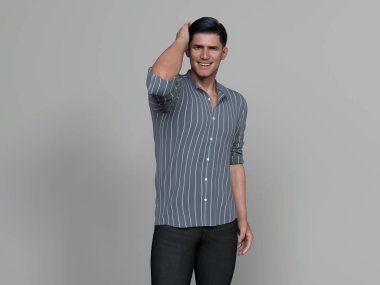 3D Render: Stüdyo arka planında günlük gömlek giyen gülümseyen genç bir adamın portresi, rahatlayın