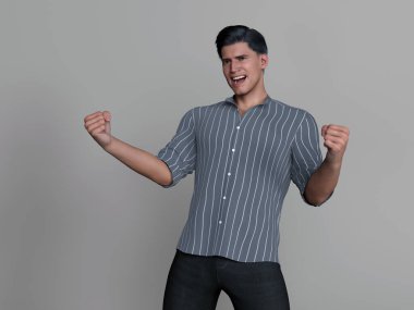 3D Render: Stüdyo arka planında gündelik gömlek giyen gülümseyen genç bir adamın portresi, mutluluk hissi