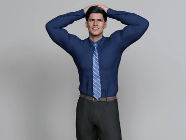 3D Render: Mavi gömlekli, gri arka planda kravatlı, gülümseyen genç ve yakışıklı iş adamlarının portresi