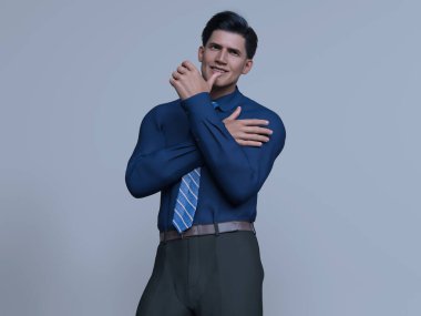 3D Render: Mavi gömlekli, gri arka planda kravatlı, gülümseyen genç ve yakışıklı iş adamlarının portresi