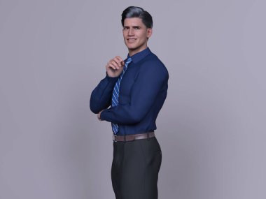3D Render: Mavi gömlekli gülümseyen genç iş adamlarının portresi gri arka planda kravat, rahatlama