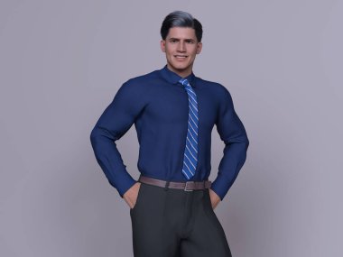 3D Render: Mavi gömlekli gülümseyen genç iş adamlarının portresi gri arka planda kravat, rahatlama
