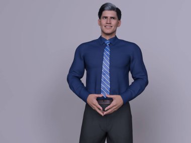 3D Render: Mavi gömlekli gülümseyen genç iş adamlarının portresi gri arka planda kravat, rahatlama