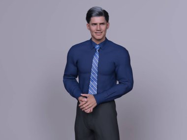 3D Render: Mavi gömlekli gülümseyen genç iş adamlarının portresi gri arka planda kravat, rahatlama