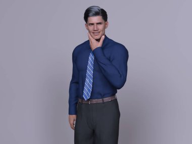 3D Render: Mavi gömlekli, gri arka planda kravatlı, gülümseyen genç ve yakışıklı iş adamlarının portresi