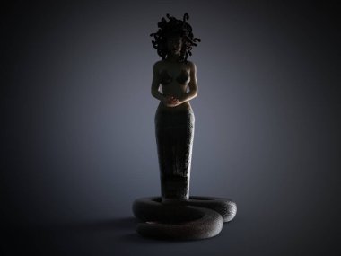 3D Render: Medusa, Yunan mitolojisindeki Gorgon karakteri. Yunan mitolojisinden bir kadın karakter. Alt vücudu için bir yılan vücudu var.