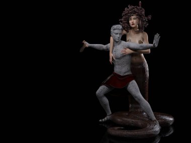 3D Render: Medusa, Yunan mitolojisindeki Gorgon karakteri. Yunan mitolojisinden bir kadın karakter. Vücudunun alt kısmında yılan vücudu var.