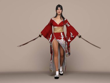 3D çizim: anime bir kızın portresi anime dövüşçüsü gibi poz veriyor, kırmızı kimono giyiyor ve Katana 'yı tutuyor.