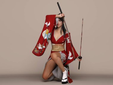 3D çizim: anime bir kızın portresi anime dövüşçüsü gibi poz veriyor, kırmızı kimono giyiyor ve Katana 'yı tutuyor.