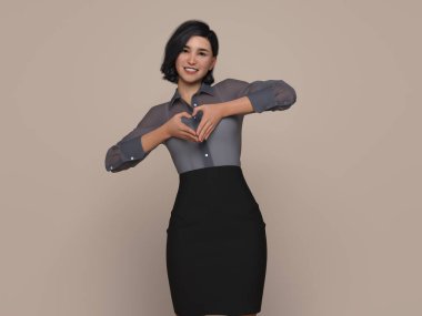 3D Render: Stüdyo arka planında gülümseyen genç bir kadının portresi, kalp sembolü eller