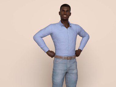 3D Render: Stüdyo arka planında günlük gömlek giyen gülümseyen genç bir adamın portresi, gururlu