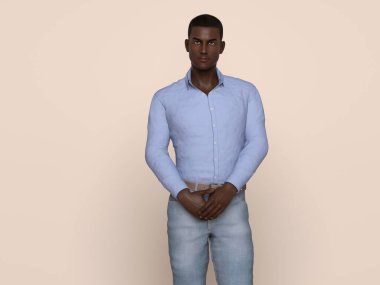 3D Render: Stüdyo arka planında günlük gömlek giyen gülümseyen genç bir adamın portresi, rahatlayın