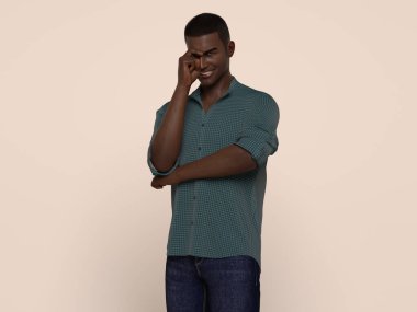 3D Render: Stüdyo arka planında günlük gömlek giyen gülümseyen genç bir adamın portresi, utanç verici