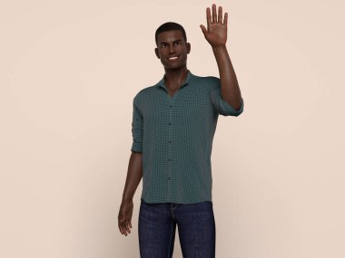 3D Render: Stüdyonun arka planında rahat gömlek giyen gülümseyen genç bir adamın portresi, elini sallıyor