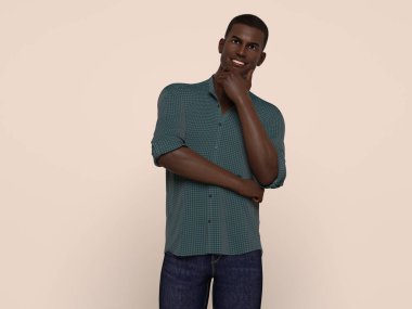 3D Render: Stüdyo arka planında günlük gömlek giyen gülümseyen genç bir adamın portresi,