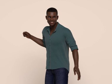 3D Render: Stüdyo arka planında günlük gömlek giyen gülümseyen genç bir adamın portresi, mutlu