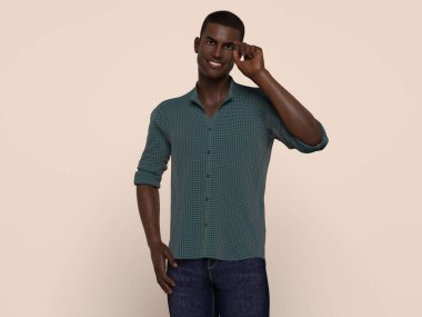 3D Render: Stüdyo arka planında günlük gömlek giyen gülümseyen genç bir adamın portresi, rahatlayın