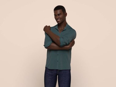 3D Render: Stüdyo arka planında günlük gömlek giyen gülümseyen genç bir adamın portresi, rahatlayın