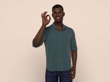 3D Render: Stüdyo arka planında günlük gömlek giyen gülümseyen genç bir adamın portresi, tamam ifade ve jest