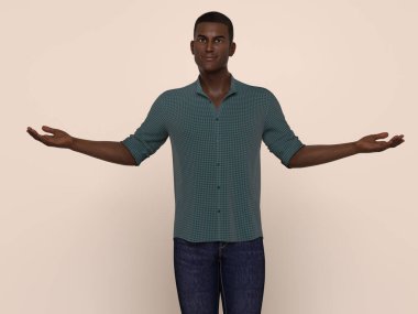 3D Render: Stüdyo arka planında günlük gömlek giyen gülümseyen genç bir adamın portresi, rahatlayın