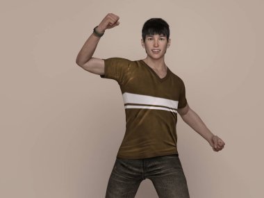 3D Render: Tişört ve kot pantolon içinde gülümseyen yakışıklı Asyalı bir adamın portresi, mutlu