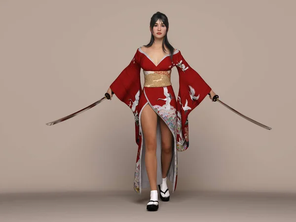 3D render : the portrait of an anime girl pose as the anime fighter girl, wearing red kimono and holding katana