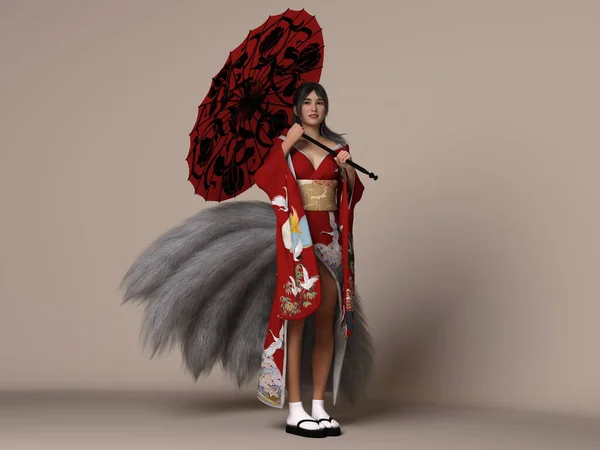 Render Portret Samicy Dziewięciogonowego Lisa Trzymającego Czerwony Parasol Noszącego Kimono — Zdjęcie stockowe