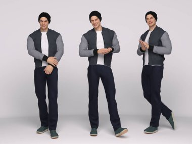 3D Render: Bir erkek model ayakta duruyor ve modern tarz kıyafet, ceket, tişört, kot pantolon ve 3 farklı vücut hareketine sahip bere giyiyor