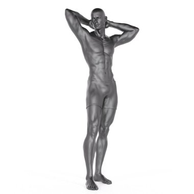 3D Render: Demir metalin portresi erkek karakter oyunculuğu, vücuduna günlük hareketlerle poz verme