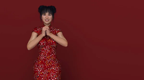 Render Portret Młodej Azjatki Tradycyjnej Chińskiej Sukni Cheongsam Gestem Gratulacji — Zdjęcie stockowe