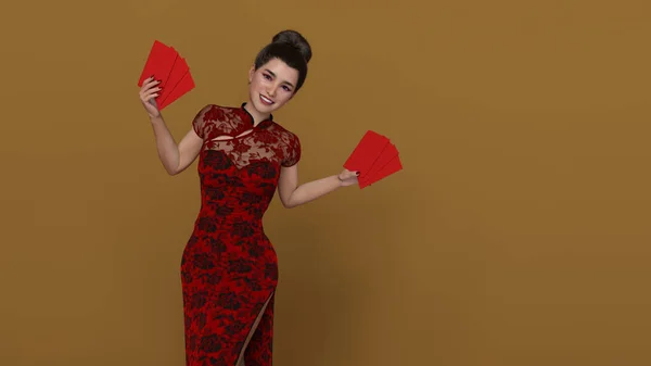 Render Piękna Azjatycka Uśmiechnięta Młoda Kobieta Chińską Tradycyjną Sukienką Żeński — Zdjęcie stockowe