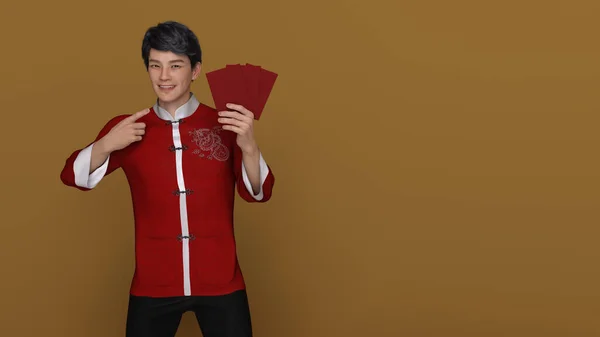 3Dレンダリング ハンサムなアジアの笑顔男で中国の伝統的なドレス男性ChongsamまたはQipao保持Angパワーまたは赤パケット金銭的な贈り物 — ストック写真