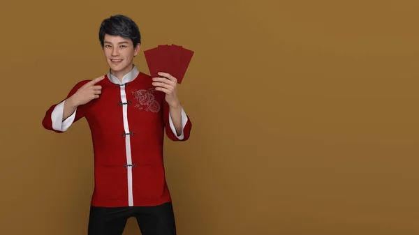 Render Bello Asiatico Uomo Sorridente Con Abito Tradizionale Cinese Cheongsam — Foto Stock