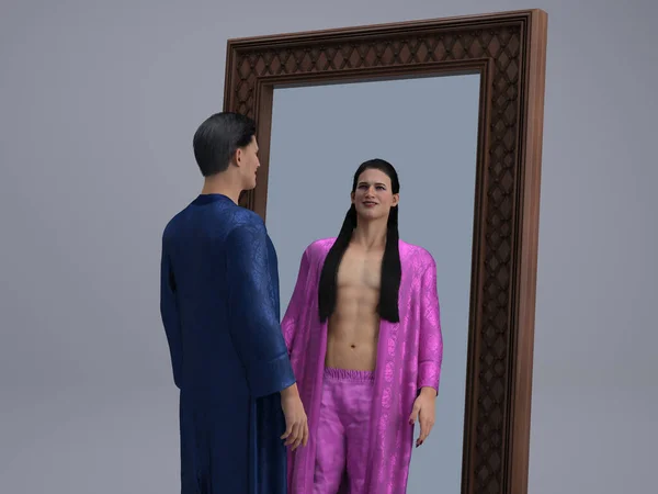 3D Render : Portrait of a man with blue night gown is looking in to the mirror to see a reflection of his another female look, to see his real identity, transgender woman