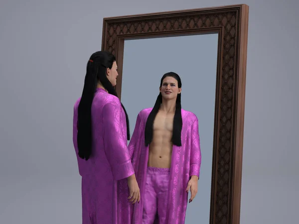 3D Render : Portrait of a transgender woman with pink night gown is looking in to the mirror to see a reflection of herself look
