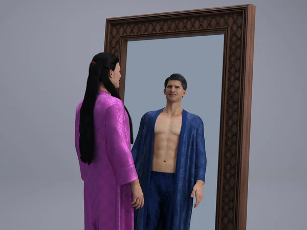 3D Render : Portrait of a transgender woman with shiny sparkling pink color costume is looking into the mirror to see herself as her male character look