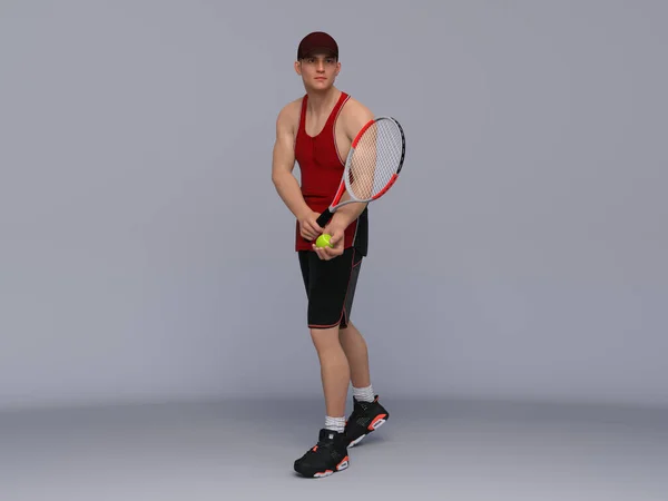 3D Render : Full body portrait of male tennis player is performing and acting in training session