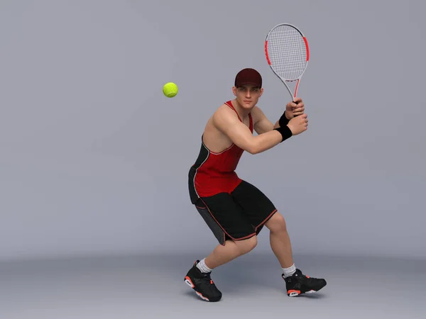 3D Render : Full body portrait of male tennis player is performing and acting in training session