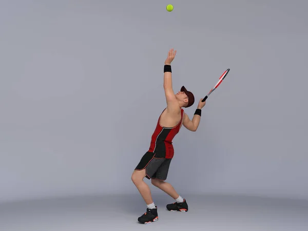3D Render : Full body portrait of male tennis player is performing and acting in training session
