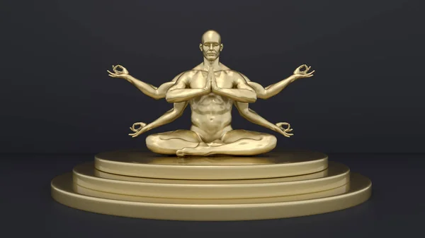 Render Retrato Textura Dourada Personagem Masculino Realizando Sessão Meditação Pódio — Fotografia de Stock