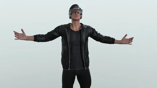 Render Personagem Masculino Vestindo Fone Ouvido Realidade Virtual Para Ter — Fotografia de Stock