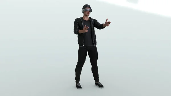 Render Man Karaktär Bär Virtual Reality Headset Att Spännande Upplevelse — Stockfoto
