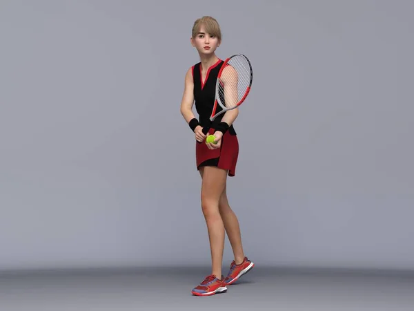 3D Render : Full body portrait of female tennis player is performing and acting in training session