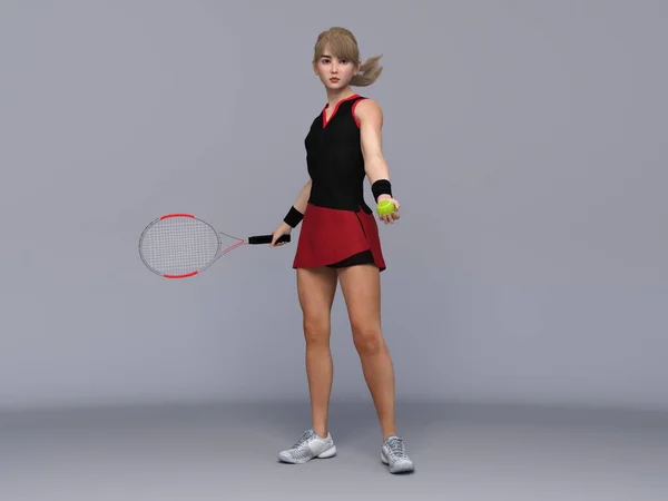 3D Render : Full body portrait of female tennis player is performing and acting in training session