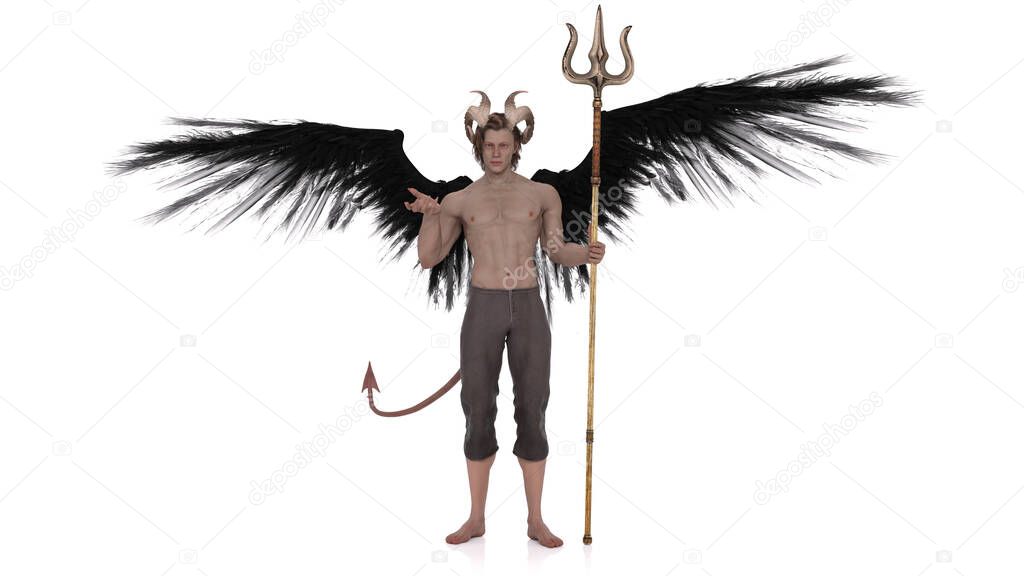 3D Render : Male Devil character with wings and trident, horror creature character for halloween