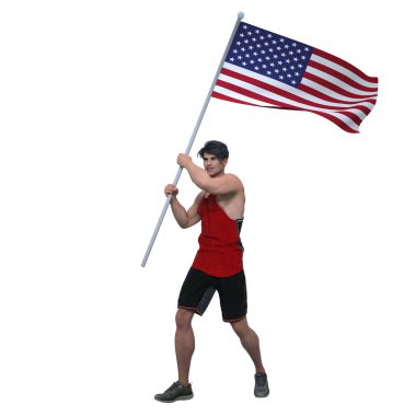 3D Render: Bir Amerikalı önemli bir olayı sersemletmek için Amerikan bayrağını tutuyor ve sallıyor. 